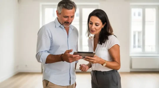 Conseiller en investissement immobilier analysant un bien avec son client lors d'une visite en Île-de-France