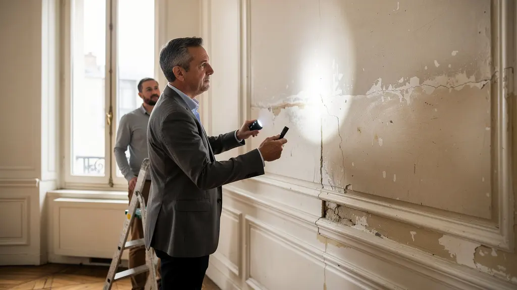 Conseiller en investissement inspectant un appartement ancien à rénover en Île-de-France