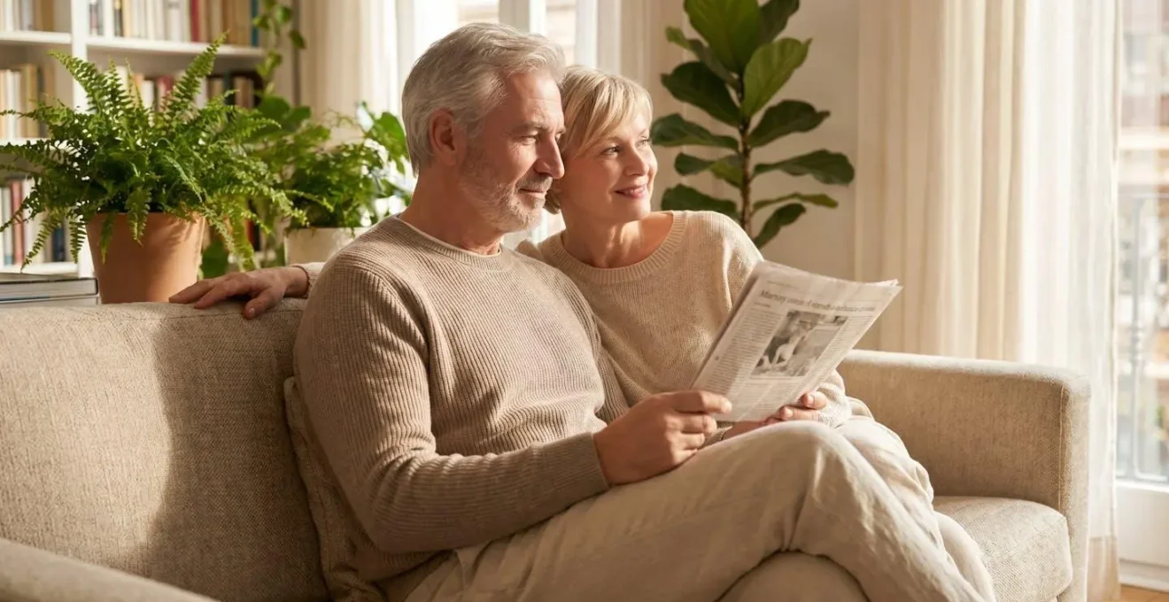Couple de seniors souriants assis dans un salon lumineux, l'un tenant un document, regard confiant vers l'extérieur